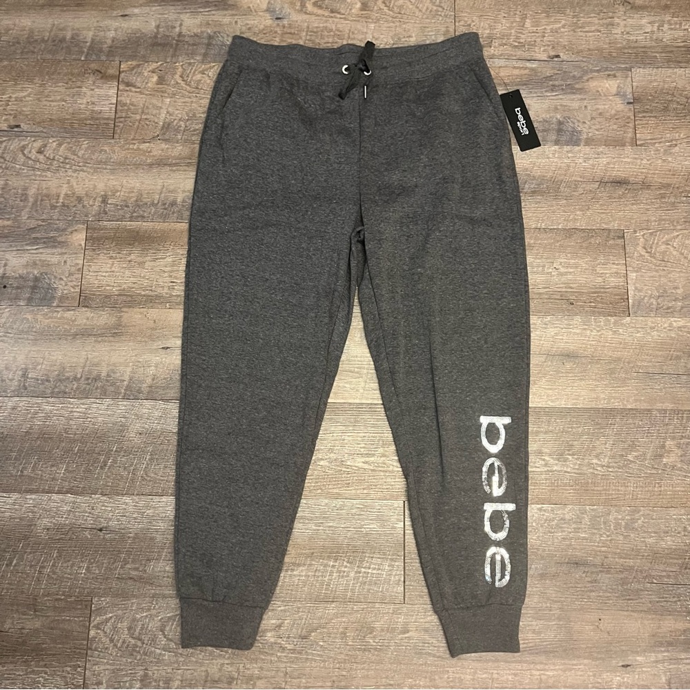 Bebe Charcoal Gray Joggers Sweatpants with Sequin Logo 1X